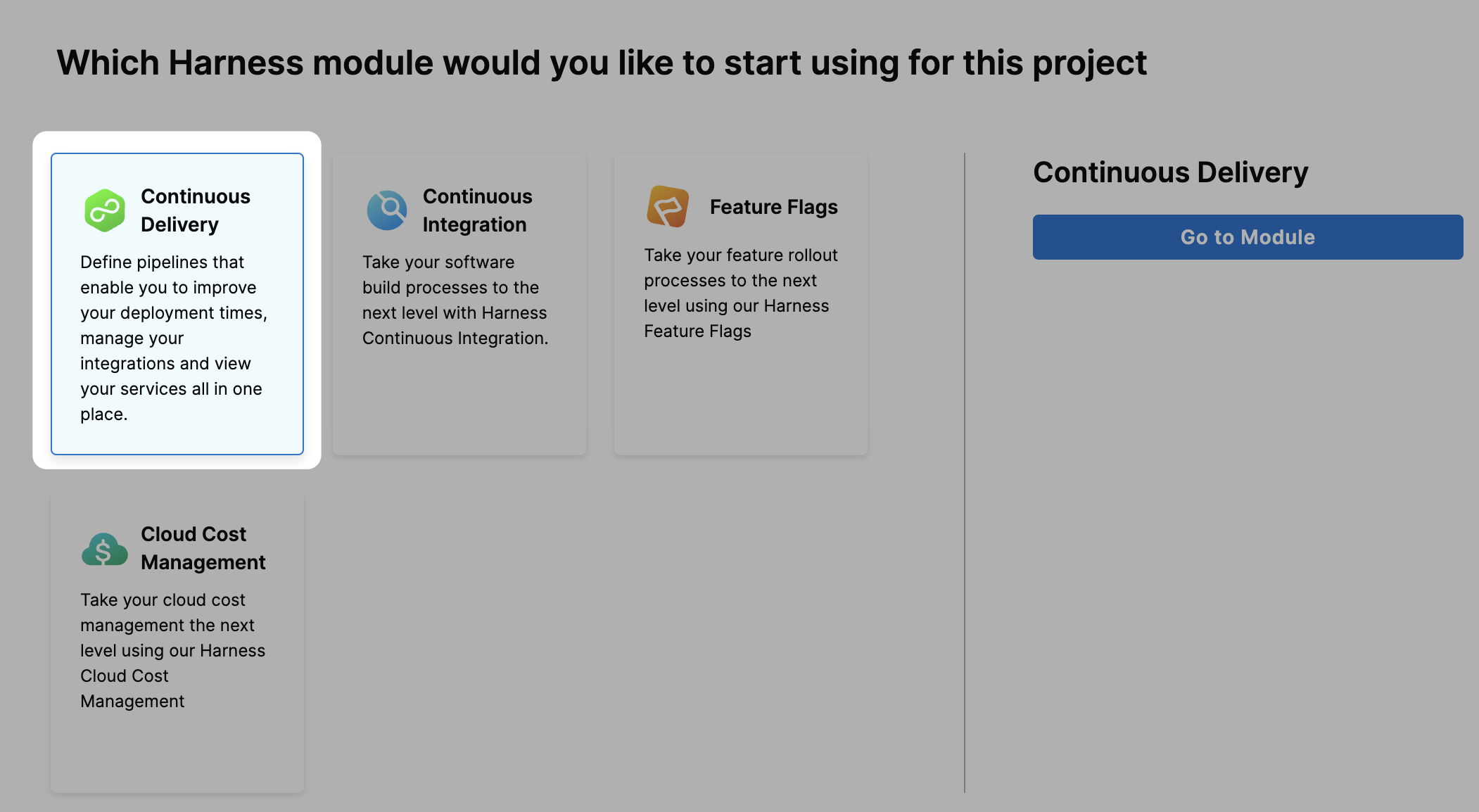 Screenshot showing the Harness project settings with Continuous Delivery module enabled